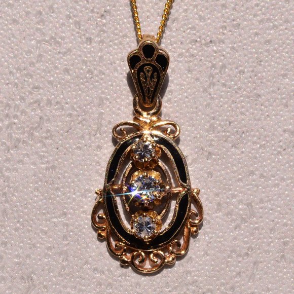 Victorian Black Enamel Pendant with Natural Diamonds